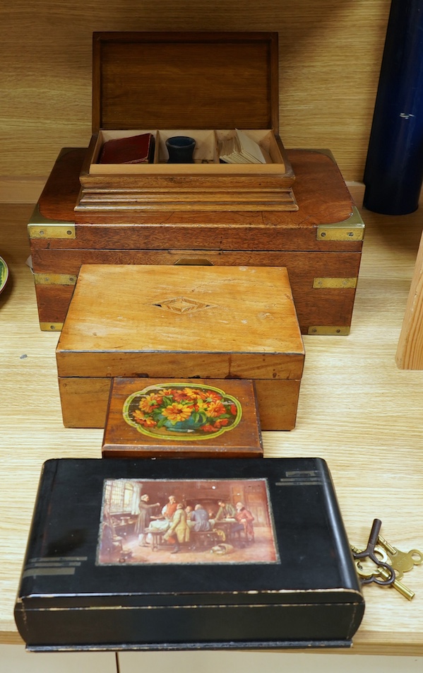 Five Victorian and later boxes to include a brass bound mahogany writing box and an inlaid work box, largest 40cm wide. Condition - poor to fair